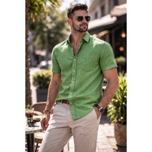 Colvis Man Erkek Klasik Kısa Kollu Likralı Keten Gömlek Hediye Kutulu