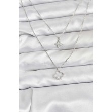 Pirinç Gümüş Renk Yonca Model 2'li Kadın Kolye Nemere