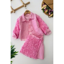 Miniğimin Cicileri Gül Aplike Detaylı Ceketli Kız Çocuk 3 Lü Takım - Pembe
