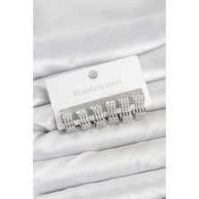 316L Çelik Zirkon Taşlı Gümüş Renk Halka Küpe Seti Nemere