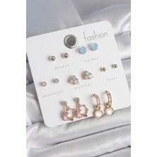 Pirinç Gold Renk Zirkon Taşlı Sallantı Halka Figür Kalp Detay 7 Çift Kadın Küpe Nemere