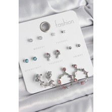 Pirinç Gümüş Renk Zirkon Taşlı Gül Figür Halka Model 7 Çift Kadın Küpe Seti Nemere