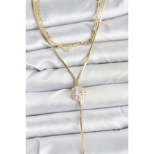 Pirinç Gold Renk Zirkon Taşlı Papatya Model Detaylı 3'lü Kombin Y Kadın Kolye Nemere