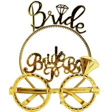 Bride Yazılı Taç ve Bride To Be Yazılı Gözlük Seti Altın Renk Nemere