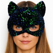 Siyah Kadife Kumaş Üzerine Mavi Yeşil Payetli Pullu Parti Maskesi 16X14 cm Nemere