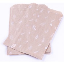 Bimotif Yaprak Desenli Kese Kağıdı, Kraft-Beyaz  18X30 cm - 25 Adet