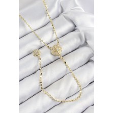 Pirinç Zirkon Taşlı Ezme Zincirli Madalyon Model Gold Renk Y Kolye Nemere