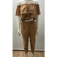 Aslami Tekstil Kahverengi Kadın Kapalı Omuz Bağcıklı Fırfırlı Crop Bluz Şalvar Ikili Takım - %95 Pamuk Günlük Set