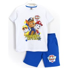 DobaKids Erkek Çocuk Paw Patrol Baskılı Alt Üst Şort Tişört Yazlık Takım Beyaz Mavi