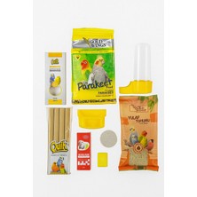 Papağanhane Küçük Irk Papağan Bakım Seti | 9 Parça | Yem, Vitamin, Yulaf, Kalamar, Tünek, Blok