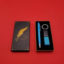 Luz&Pos Mavi Metal Deri Anahtarlık ve Kalem Seti