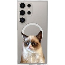 Adasena Samsung Galaxy S23 Ultra 6.8" Kılıf Kablosuz Magsafe Şarj Özellikli Şeffaf Baskılı Desenli Kılıf - Mad Cat