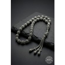 Erdobia 925 Ayar Oval Kesim 3 Kamçılı Damla Püskül Orta Boy Örgü Işlemeli Otantik Gümüş Tesbih