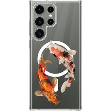 Adasena Samsung Galaxy S22 Ultra Uyumlu Kılıf Kablosuz Magsafe Şarj Özellikli Şeffaf Baskılı Desenli Kılıf - Koi Balıkları