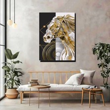 Artprinta Gold Detaylı At Kanvas Tablo – Siyah Beyaz Modern Lüks Duvar Dekoru