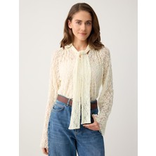 Jimmy Key Kırık Beyaz Bol Kesim Boyundan Bağlı Uzun Kollu Örme Bluz