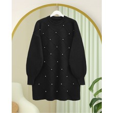 Moda Morfo Taş Detaylı Kare Desenli Triko Tunik -Siyah
