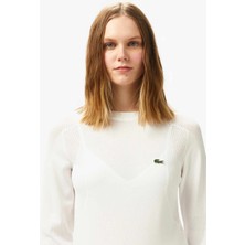 Lacoste Kadın Regular Fit Bisiklet Yaka Likralı Ribanalı Triko Beyaz