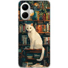 TechTree Infinix Smart 10 Uyumlu Kitaplık Beyaz Kedi Tasarımlı Baskılı Silikon Kılıf