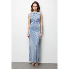 Ekol Kadın Büzgü Detaylı Sırt Dekolteli Simli Abiye Elbise 6094 Mavi