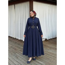Miostil Yarım Pat Kaplama Kemer Detay Elbise-Lacivert