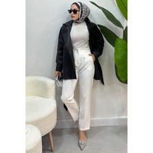 Tesettür Diyarı Kadın Tesettür Pantolon Kadın Zra Model Pensli Yüksek Bel Kumaş Pantolon-Beyaz