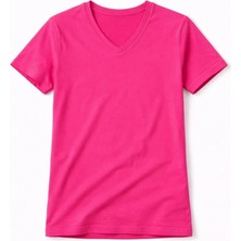 Genç Kız Çocuk V Yaka Tişört Yazlık Model Günlük Basic Body - Pembe