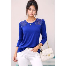 Mamayaga Kadın Uzun Kol Bisiklet Yaka Dantel ve Zımba Detay Günlük Spor Şık Pamuk Bluz