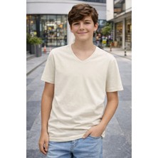 Genç Erkek Çocuk V Yaka Tişört Yazlık Model Günlük Basic Body - Taş