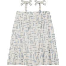 Antebies Bambu Sustainable Mavi Balık Desenli Ayarlanabilir Fiyonk Ince Askılı Kız Çocuk Elbise