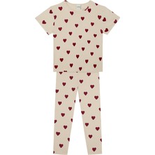 Antebies Organik Gots Sertifikalı Kırmızı Kalp Jakar Beli Lastikli Tshirt Tayt Kız Çocuk Pijama Takımı