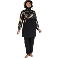 Estiva Dijital Baskı Şapkalı Croplu Dokuma Kapalı Tesettür Mayo