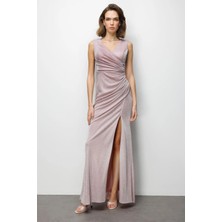 Ekol Kadın Büzgü Detaylı Yırtmaçlı Simli Abiye Elbise 6082 Pudra