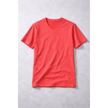 Genç Kız Çocuk V Yaka Tişört Yazlık Model Günlük Basic Body - Nar Çiçeği