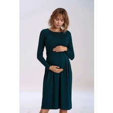 Mamayaga Kadın Bisiklet Yaka Tesettüre Uygun Uzun Kol Viskon Gizli Emzirme Bölümlü Şık Hamile Elbisesi