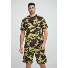 Erkek Kamuflaj Desenli Tişört Şort Takım – Regular Fit Günlük Spor 2’li Yazlık Kombin - Kamuflaj
