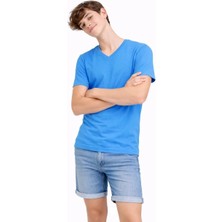 Genç Erkek Çocuk V Yaka Tişört Yazlık Model Günlük Basic Body - Açık Mavi