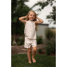 Antebies Organik Gots Sertifikalı Pembe Kurdele Bahçesi,sırtta Somon Kurdeleli Askılı Şortlu Kız Çocuk Takımı