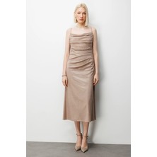 Ekol Kadın Ip Askılı Simli Yansımalı Abiye Elbise 6062 Gold