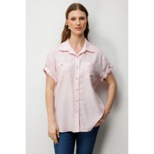 Ekol Kadın Büyük Beden Kısa Kollu Keten Gömlek 2524 Pembe