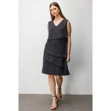 Ekol Kadın Büyük Beden V Yaka Puantiyeli Elbise 6508 Siyah