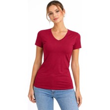Kadın T-Shirt V Yaka Slim Fit Likralı Tişört Günlük Basic Body - Bordo