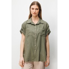 Ekol Kadın Büyük Beden Kısa Kollu Keten Gömlek 2524 Haki