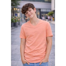 Genç Erkek Çocuk V Yaka Tişört Yazlık Model Günlük Basic Body - Toz Pembe