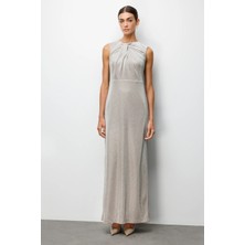 Ekol Kadın Büzgü Detaylı Sırt Dekolteli Simli Abiye Elbise 6094 Bej