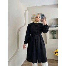 Miostil Hakim Yaka Omuz Büzgü Uzun Tunik-Siyah