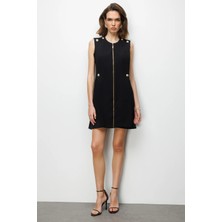 Ekol Kadın Süs Düğmeli Fermuarlı Midi Elbise 6004 Siyah