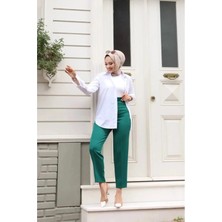 Tesettür Diyarı Kadın Tesettür Pantolon Kadın Zra Model Pensli Yüksek Bel Kumaş Pantolon-Zümrüt Yeşili