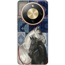 TechTree Honor Magic 8 Lite Uyumlu Mavi Kilim Desenli Siyah ve Beyaz At Baskılı Silikon Kılıf