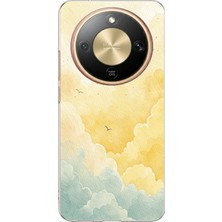 TechTree Honor Magic 8 Lite Uyumlu Sarı ve Yeşil Tonlu Bulut ve Kuşlar Baskılı Silikon Kılıf